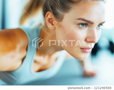 Close-up of a focused woman in activewear performing a plank exercise Close-up of a focused woman in activewear performing a plank exercise 121240569