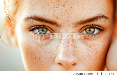 Close-up of a young woman with green eyes and freckles, highlighting natural beauty 121240574