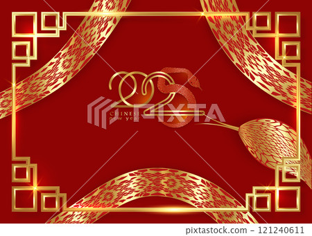 2025 Chinese New Year, Year of the Snake. Enso Circle Gold Logo design for cover, card, poster, banner. Golden China pattern border frame. Vector illustration clipart isolated on red background 121240611