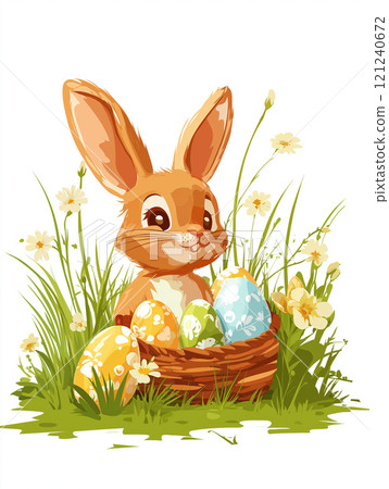 Cute bunny with colorful Easter eggs in a basket 121240672