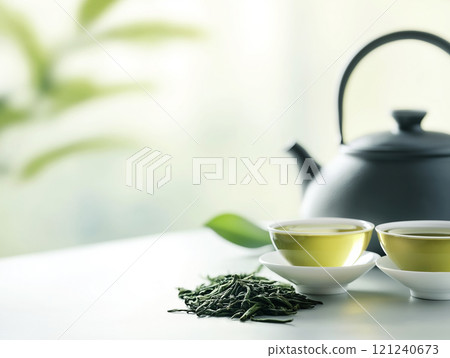 Traditional tea set with two cups of green tea and a black teapot 121240673