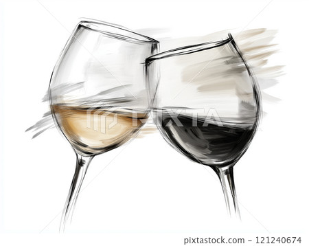 Digital sketch of two wine glasses clinking, one filled with white wine 121240674
