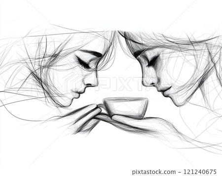 Digital sketch of two women sharing a cup of coffee 121240675