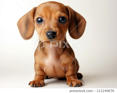 Adorable dachshund puppy with smooth brown fur sitting 121240676