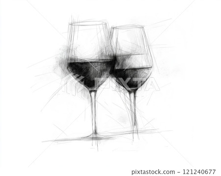 Minimalistic digital sketch of two wine glasses clinking with dark wine Minimalistic digital sketch of two wine glasses clinking with dark wine 121240677