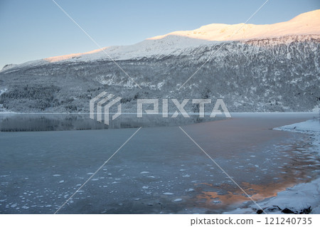 Fjord and mountain with snow, Gratangsbotn, Norway Fjord and mountain with snow, Gratangsbotn, Norway 121240735
