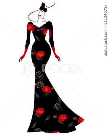A woman in a hat and a long black dress with red roses. 121240755