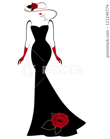 A woman in a dress and hat with red rose. 121240774