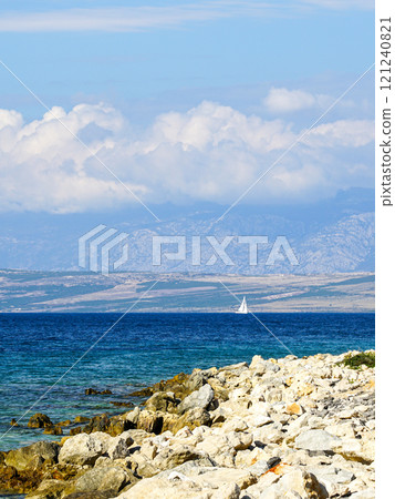 Traditional Croatia nature landscape, Adriatic sea, rocky coast, mountains, blue sky, white sail 121240821