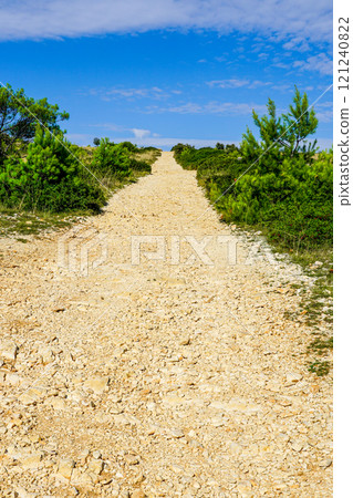 Coarse rocky gravel road in rural area, perspective view, blue sky over horizon 121240822