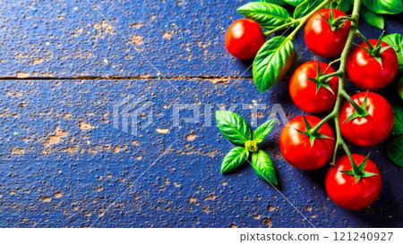 Fresh tomatoes on branch. Cherry tomatoes and basil on blue wooden background. Top view. Copy space 121240927