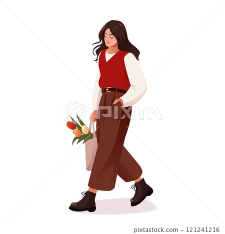 A clean and modern vector illustration of a stylish young woman walking with a tote bag containing fresh tulips isolated on white. She is dressed in a red vest, beige shirt, and brown pants, paired A clean and modern vector illustration of a stylish young woman walking with a tote bag containing fresh tulips isolated on white. She is dressed in a red vest, beige shirt, and brown pants, paired 121241216