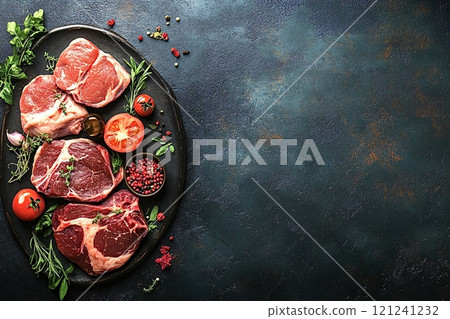 Raw beef steaks with spices and herbs on dark background 121241232