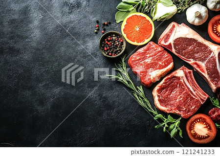 Fresh raw steaks lying on dark stone background with vegetables and spices 121241233