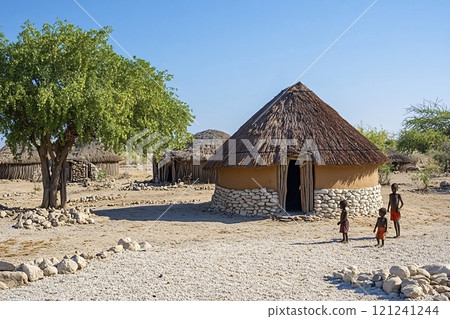 Himba children walking in front of traditional hut in namibia 121241244
