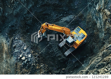 Yellow excavator digging in a quarry from above 121241289