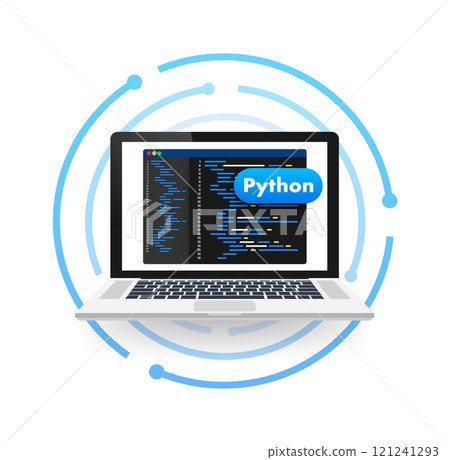 Laptop displaying python code on screen, programming and software development concept 121241293