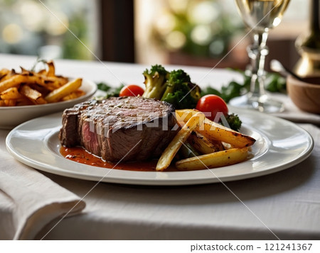 Elegant gourmet meal featuring steak with vegetables and fries at a fine dining restaurant 121241367