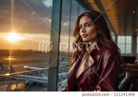 Woman in a stylish coat enjoying a sunset view at the airport lounge 121241369