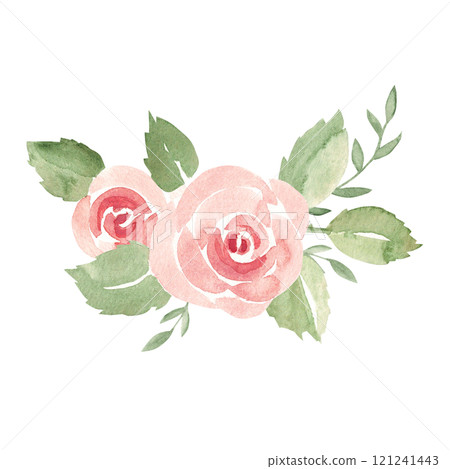 Pink Roses composition. Ala Prima Simple painting. Watercolor abstract Hand drawn Bouquet isolated on a white background. Floral design element for Birthday, Valentine cards or wedding invitations. 121241443
