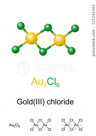 Gold trichloride or Gold(III) chloride, molecule model and chemical formula. Traditionally called auric chloride, inorganic compound of gold and chlorine with molecular formula Au2Cl6. Dimer of AuCl3. 121241503