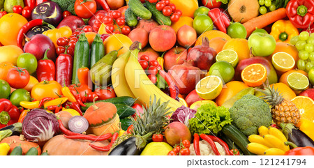 Assorted ripe berries, fruits and vegetables. Food concept background. Assorted ripe berries, fruits and vegetables. Food concept background. 121241794
