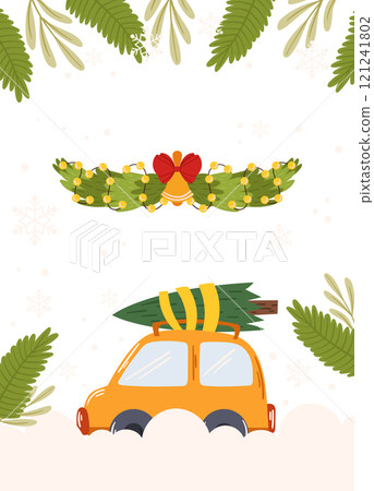 Poster Template Frame of a car carrying a Christmas tree, a garland with lights and bells, and greenery accents on a snowy background with blank space. 121241802