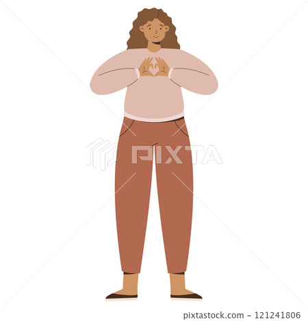 Illustration of a Smiling Woman with Curly Hair in Beige Sweater and Brown Pants Showing Heart Gesture. 121241806