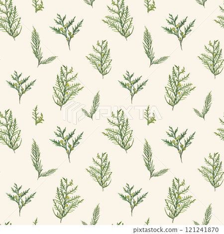 Watercolor cypress with green yellow cones seamless pattern on beige backdrop. Aromatic evergreen plant illustration for Xmas decor, aromatherapy or homeopathy design, nature textile, package. 121241870