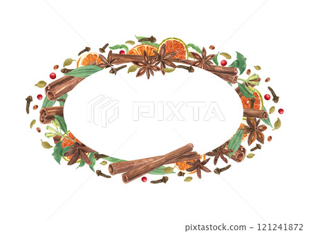 Watercolor winter spices with orange slices oval frame with empty space for text. Cinnamon, dried fruit, cardamom, anise, cloves with green foliage illustration for Christmas package design. 121241872