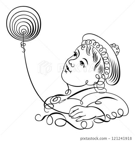 One continuous line drawing of a girl with a balloons. 121241918