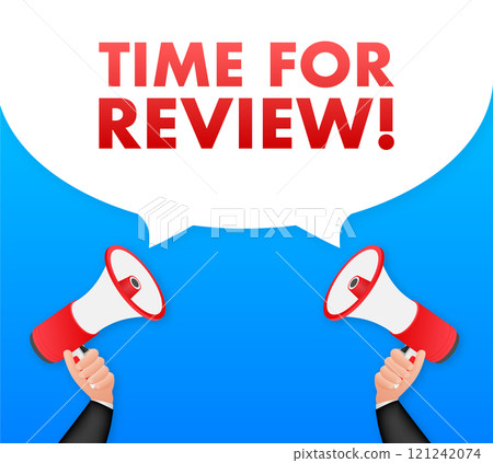 Hands holding megaphones announcing time for review Hands holding megaphones announcing time for review 121242074