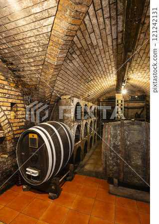 Wine cellars with barrels in Ivan, Southern Moravia, Czech Republic 121242131