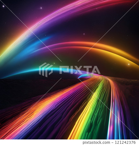 Vibrant Rainbow Arcs in Starry Night Sky Over Textured Terrain 121242376