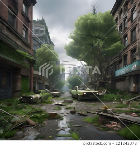 Abandoned City Street Overtaken by Nature in Misty Light 121242378