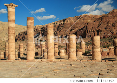 Ancient columns of Great Temple or Temple of Winged Lions in Petra, Jordan 121242392