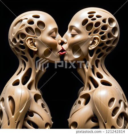 Artistic Lattice Body Sculptures Kissing on Black Background 121242814