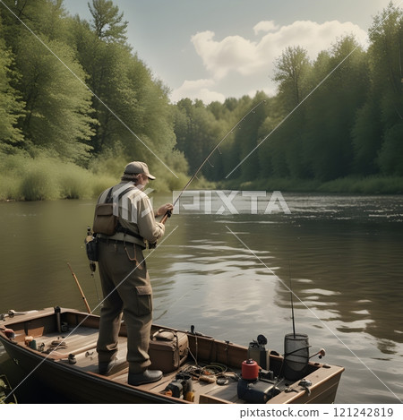 Elderly Man Fishing on a Quiet River in a Wooden Boat 121242819