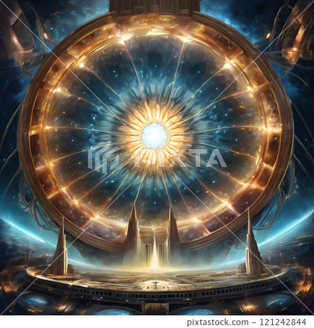 Futuristic City with Radiant Central Structure and Stars 121242844