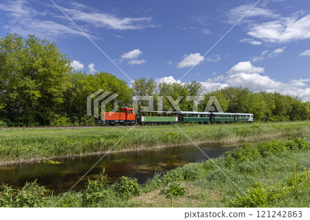 Narrow gauge railway from Balatonfenyves to Csisztafurdo near Balaton, Somogy region, Hungary 121242863
