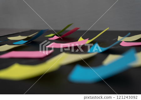 Colorful sticky notes arranged on black surface for creative idea organization Colorful sticky notes arranged on black surface for creative idea organization 121243092