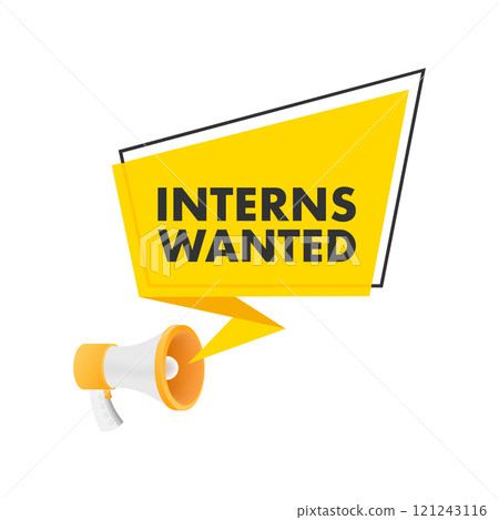 Megaphone announcing interns wanted on yellow speech bubble 121243116