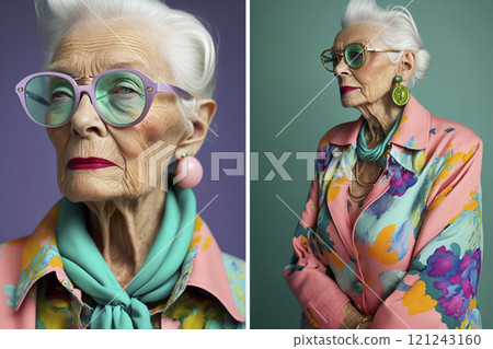 Trendy fashion crazy old people in bright colored elegant clothes created with ai generative tools. 121243160