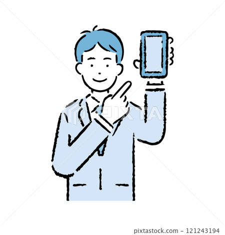 A man in a suit pointing at a smartphone 121243194