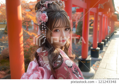 A woman wearing a beautiful furisode kimono and exuding a Japanese atmosphere at her coming-of-age ceremony 121243348
