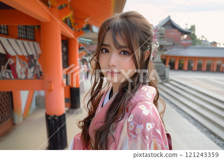 成年禮上的女性穿著漂亮的長袖和服，充滿日本風情 121243359