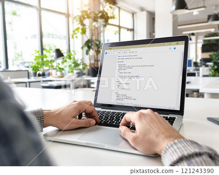 A Modern Workspace Featuring a Laptop Alongside a Coding Screen for Enhanced Productivity 121243390