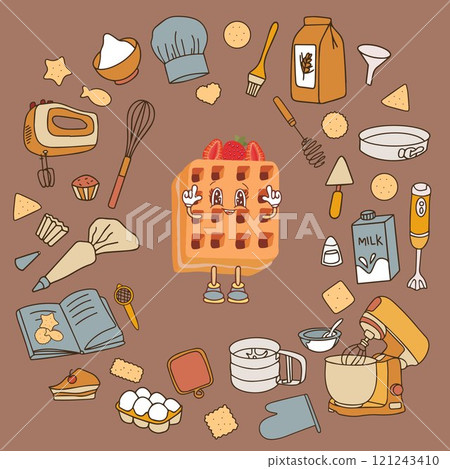 Hand drawn sketches of icons on the culinary theme - kitchen utensils, pastries. Fashionable banner for menu design, cookbooks and packaging. Background color 2025 Mocha Mouss 121243410