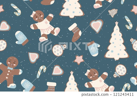 Vector seamless pattern with cute gingerbread and Christmas elements. Trendy cute design For cards, posters, banners, printing on packaging, clothes, fabric, wallpaper. Vector illustration 121243411