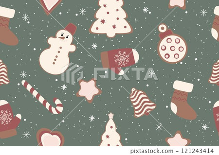 Winter seamless pattern with Christmas figures, gingerbread cookies. Christmas trendy repeating texture for surface design, wallpaper, fabric, wrapping paper etc. Vector. Winter seamless pattern with Christmas figures, gingerbread cookies. Christmas trendy repeating texture for surface design, wallpaper, fabric, wrapping paper etc. Vector. 121243414